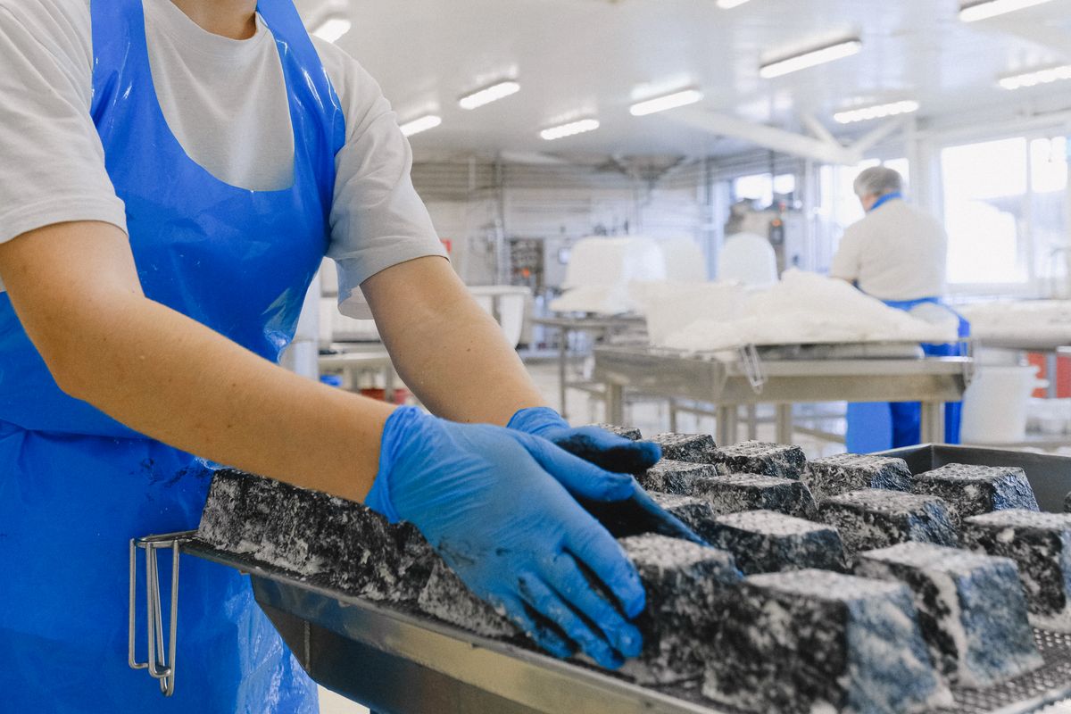 Trabalhadores com roupas de proteção em fábrica de alimentos